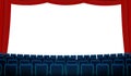 Cinema hall with white blank screen, chairs and red curtain. Realistic blue chairs movie theater seats facing a screen