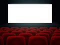 Cinema Hall With White Blank Screen And Red Rows Cinema Movie Theater Seats. Royalty Free Stock Photo