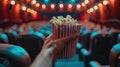 cinema with a hand holding popcorn in front of a movie screen, while the blurred cinema hall in the background sets the