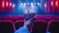 cinema with a hand holding popcorn in front of a movie screen, while the blurred cinema hall in the background sets the