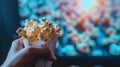 cinema with a hand holding popcorn in front of a movie screen, while the blurred cinema hall in the background sets the