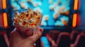 cinema with a hand holding popcorn in front of a movie screen, while the blurred cinema hall in the background sets the