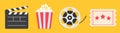 Cinema icon set line. Popcorn box package Big movie reel. Open clapper board. Ticket Admit one. Three star. Flat design style. Royalty Free Stock Photo