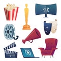 Cinema icons. Entertainment cartoon symbols 3d glasses snacks camera popcorn megaphone comedy masks clapper vector