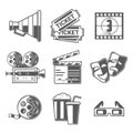 Cinema Icons Set (Megaphone, Tickets, Countdown, Camera, Clapper Board, Masks, Bobbin, Popcorn and Drink, Glasses). Royalty Free Stock Photo