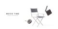 Cinema Industry Concept. 3d realistic Director Chair, cinema clapper and Film reels on white background. Vector illustration Royalty Free Stock Photo