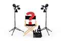 Cinema Industry Concept. Director Chair, Movie Clapper and Spotlights with Red Question Mark. 3d Rendering Royalty Free Stock Photo