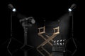 Cinema Industry Concept. DSLR or Video Camera Gimbal Stabilization Tripod System near Director Chair, Movie Clapper and Spotlights Royalty Free Stock Photo