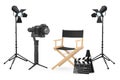 Cinema Industry Concept. DSLR or Video Camera Gimbal Stabilization Tripod System near Director Chair, Movie Clapper and Spotlights
