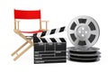 Cinema Industry Concept. Red Director Chair, Movie Clapper and F Royalty Free Stock Photo