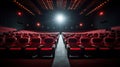 Cinema interior of movie theatre with empty red and black seats with copyspace on the screen and glow on edge. Generative Ai Royalty Free Stock Photo