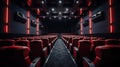 Cinema interior of movie theatre with empty red and black seats with copyspace on the screen and glow on edge. Generative Ai Royalty Free Stock Photo