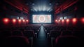 Cinema interior of movie theatre with empty red and black seats with copyspace on the screen and glow on edge. Generative Ai Royalty Free Stock Photo