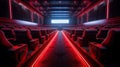 Cinema interior of movie theatre with empty red and black seats with copyspace on the screen and glow on edge. Generative Ai Royalty Free Stock Photo