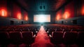 Cinema interior of movie theatre with empty red and black seats with copyspace on the screen and glow on edge. Generative Ai Royalty Free Stock Photo