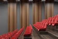 Cinema interior, red chairs, side view