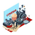 Cinema, isometric film production and postproduction vector concept