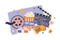 Cinema items in retro style. Movie tickets, film clapperboard, popcorn bucket, vintage reel, and 3d glasses composition