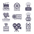 Cinema labels set. Badges with black pictures at cinema and video production industry