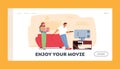 Cinema Leisure Landing Page Template. Young Couple Watching TV with Popcorn at Home. Characters Lazy Weekend Relax