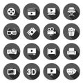 Cinema line icon in flat style. Entertainment set vector illustration on black round background with long shadow effect. Movie