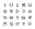 Cinema line icon. Movie and theater awards, tv entertainment and leisure with film and popcorn symbols. Vector cinema