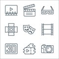 cinema line icons. linear set. quality vector line set such as camera, tickets, d movie, film roll, theater, spotlight, d glasses Royalty Free Stock Photo