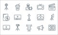 cinema line icons. linear set. quality vector line set such as d movie, microphone, led tv, megaphone, video camera, dvd, theater