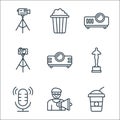 Cinema line icons. linear set. quality vector line set such as soda, movie director, microphone, projector, camera, projector,