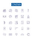 Cinema line icons signs set. Design collection of Film, Theater, Movie, Showing, Screening, Projection, Reel, Playback