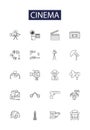 Cinema line vector icons and signs. Film, Theater, Theater-goer, Video, Reel, Projector, Blockbuster, Actors outline