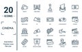 cinema linear icon set. includes thin line turn on, freeze frame, ticket window, footage, soundtrack, vhs, subtitle icons for Royalty Free Stock Photo