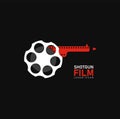 Cinema logo logo template. Stylized movies reel like revolver cylinder with red filmstrip like handgun on black background