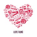 Cinema Love Banner with doodle hand-drawn items with attributes of film industry. Cinematography design items: camera