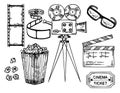 Cinema and making films hand drawn set with clapper reel camera, movie ticket and popcorn isolated on white background