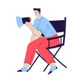 Cinema with Man Character Sit in Director Chair with Megaphone Engaged in Movie Shooting Vector Illustration