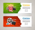 Cinema movie banner poster design template. Film clapper, 3D glasses, popcorn. Cinema banner layout