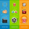 Cinema movie banner poster design template. Film clapper, 3D glasses, popcorn. Cinema banner set layout