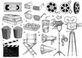 Cinema, movie, collection illustration, drawing, engraving, ink, line art, vector Royalty Free Stock Photo