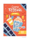 Cinema Movie Festival Placard Banner Card and Popcorn, , Glass for Ad, Invitation, Presentation. Vector flat hand drawn