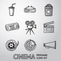 Cinema, movie freehand icons set. Vector