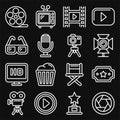 Cinema and Movie Icons Set on Black Background. Line Style Vector Royalty Free Stock Photo