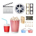 Cinema Movie Icons Set. Realistic Popcorn, 3D Glasses, Film-strip, Reel, video Film Disk With Tape, Film Clapper Royalty Free Stock Photo