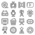Cinema and Movie Icons Set on White Background. Line Style Vector Royalty Free Stock Photo