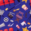 Cinema movie making TV show equipment tools symbols icons vector set illustration.