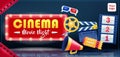 Cinema, Movie Night. 3d vector clapper board, director\'s megaphone, ticket, 3d glasses and movie tape