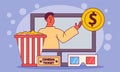 Cinema movie online and video entertainment. Man watch film with web theatre media vector illustration. Show play with popcorn and