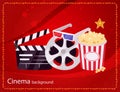 Cinema movie and popcorn bowl, film bobbin and video attributes retro vector illustration.