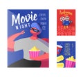 Cinema Movie Poster, Banner, Placard Template. Film Reel, Tickets, Pop Corn and Flat Character Royalty Free Stock Photo