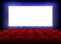 Cinema movie premiere poster design with empty white screen. Realistic cinema hall interior with red seats. Vector Royalty Free Stock Photo